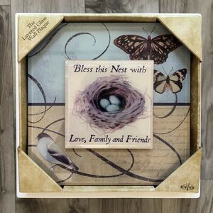 The Layered Glass Plaque “BLESS THIS‎ NEST..” 10”x10” NIB, Bird~Butterflies